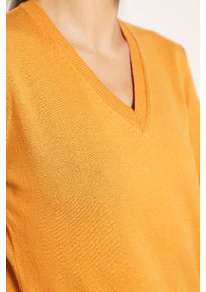 Kadın Hardal %100 Organik Pamuk V Yaka Triko Kazak Bluz TRIST-6102 fırsatları