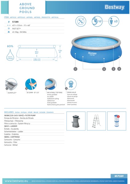 Büyük Şişme Havuz 457 x 122 cm Dayanıklı Mavi Renkli Aile Havuzu