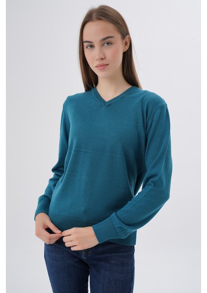 Kadın Petrol %100 Organik Pamuk V Yaka Triko Kazak Bluz TRIST-6102