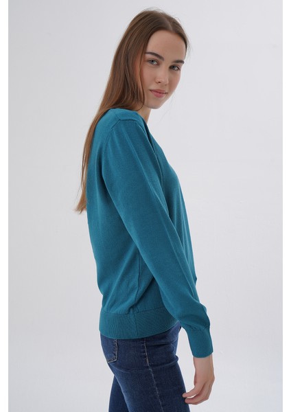 Kadın Petrol %100 Organik Pamuk V Yaka Triko Kazak Bluz TRIST-6102