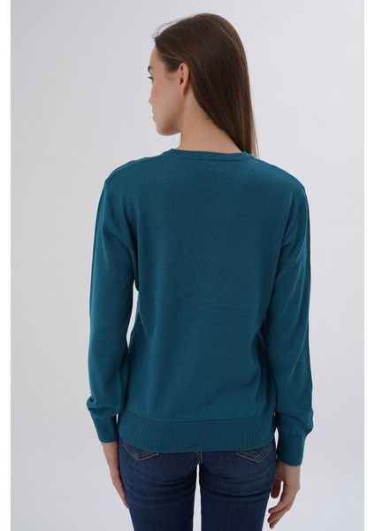 Kadın Petrol %100 Organik Pamuk V Yaka Triko Kazak Bluz TRIST-6102