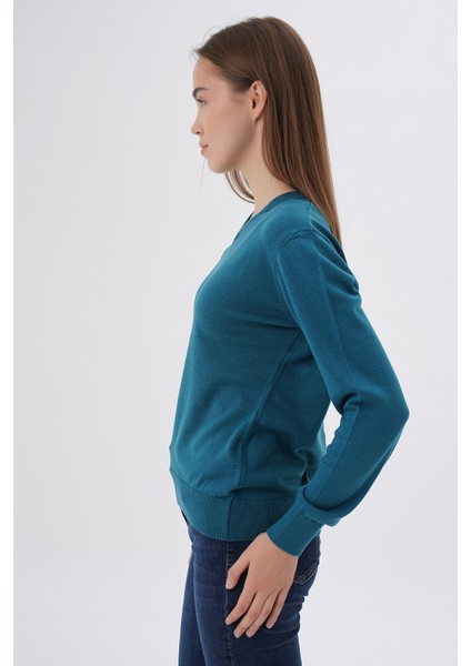Kadın Petrol %100 Organik Pamuk V Yaka Triko Kazak Bluz TRIST-6102