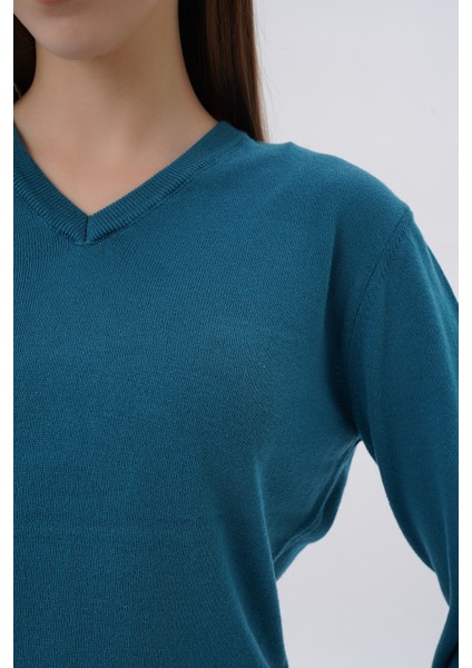 Kadın Petrol %100 Organik Pamuk V Yaka Triko Kazak Bluz TRIST-6102