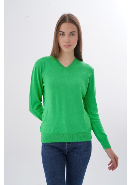 Kadın Yeşil %100 Organik Pamuk V Yaka Triko Kazak Bluz TRIST-6102