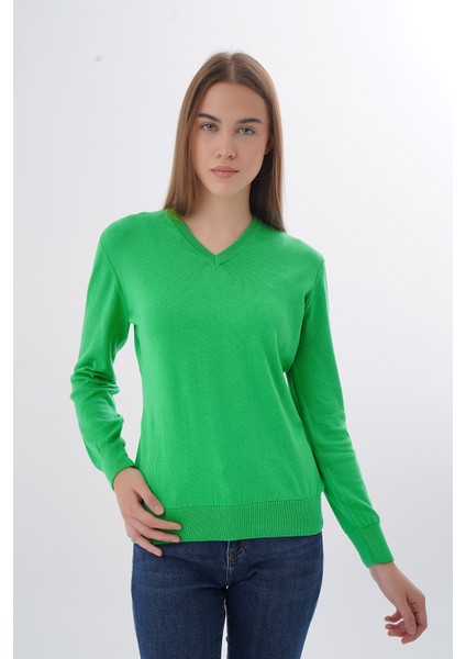 Kadın Yeşil %100 Organik Pamuk V Yaka Triko Kazak Bluz TRIST-6102