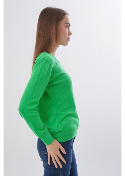 Kadın Yeşil %100 Organik Pamuk V Yaka Triko Kazak Bluz TRIST-6102