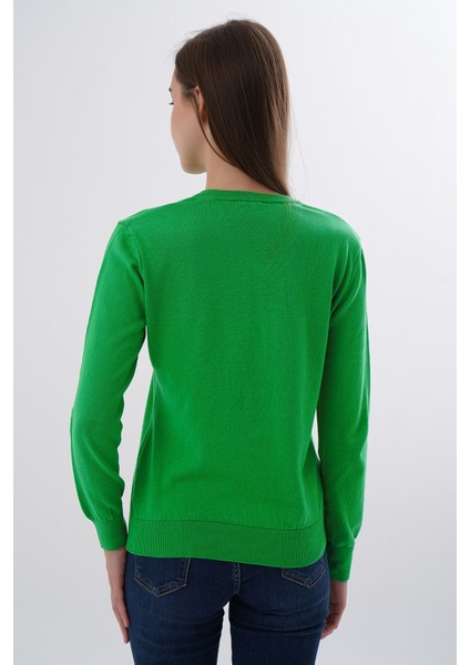 Kadın Yeşil %100 Organik Pamuk V Yaka Triko Kazak Bluz TRIST-6102