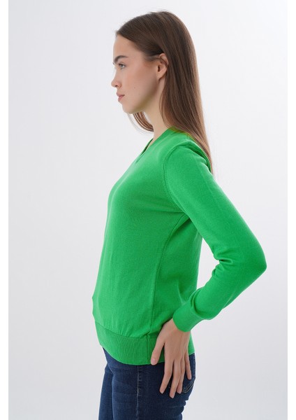 Kadın Yeşil %100 Organik Pamuk V Yaka Triko Kazak Bluz TRIST-6102