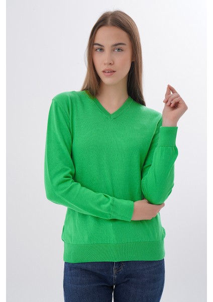 Kadın Yeşil %100 Organik Pamuk V Yaka Triko Kazak Bluz TRIST-6102