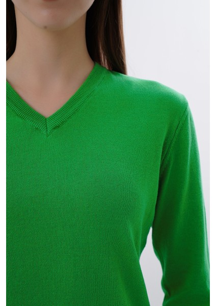 Kadın Yeşil %100 Organik Pamuk V Yaka Triko Kazak Bluz TRIST-6102