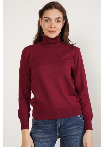 Kadın Bordo %100 Organik Pamuk Balıkçı Yaka Triko Kazak TRIST-6103