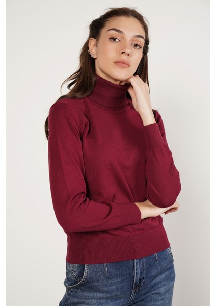 Kadın Bordo %100 Organik Pamuk Balıkçı Yaka Triko Kazak TRIST-6103 modelleri