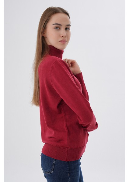 Kadın Bordo %100 Organik Pamuk Balıkçı Yaka Triko Kazak TRIST-6103
