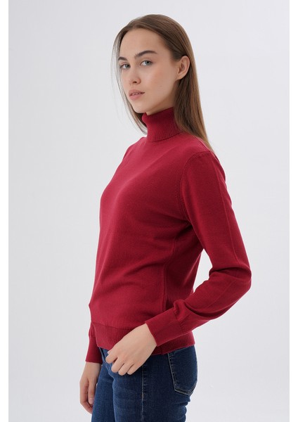 Kadın Bordo %100 Organik Pamuk Balıkçı Yaka Triko Kazak TRIST-6103