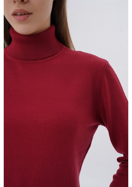 Kadın Bordo %100 Organik Pamuk Balıkçı Yaka Triko Kazak TRIST-6103