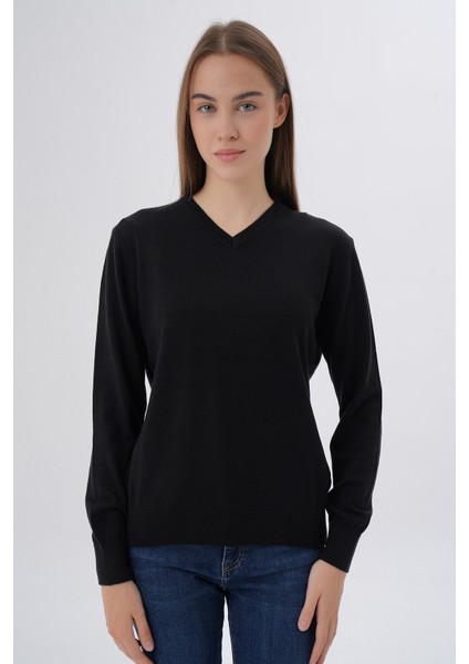 Kadın Siyah %100 Organik Pamuk V Yaka Triko Kazak Bluz TRIST-6102