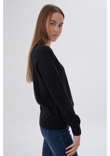 Kadın Siyah %100 Organik Pamuk V Yaka Triko Kazak Bluz TRIST-6102