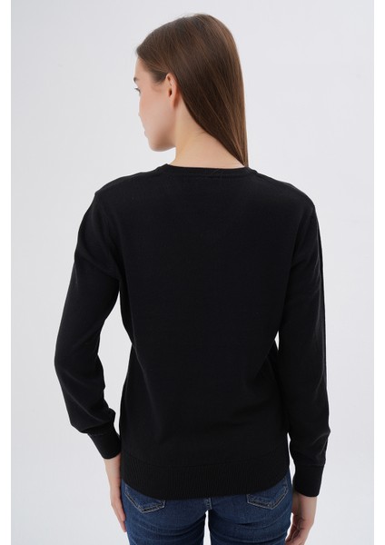 Kadın Siyah %100 Organik Pamuk V Yaka Triko Kazak Bluz TRIST-6102