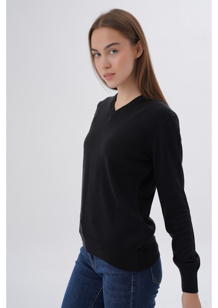 Kadın Siyah %100 Organik Pamuk V Yaka Triko Kazak Bluz TRIST-6102