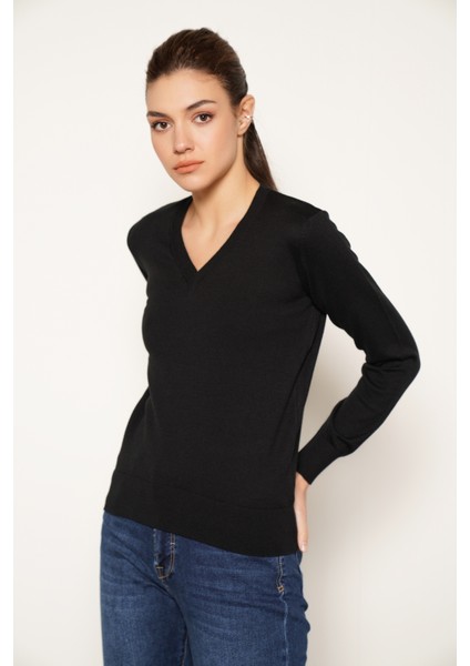 Kadın Siyah %100 Organik Pamuk V Yaka Triko Kazak Bluz TRIST-6102