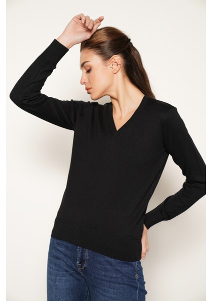 Kadın Siyah %100 Organik Pamuk V Yaka Triko Kazak Bluz TRIST-6102 fiyatları