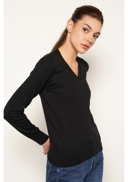 Kadın Siyah %100 Organik Pamuk V Yaka Triko Kazak Bluz TRIST-6102 modelleri