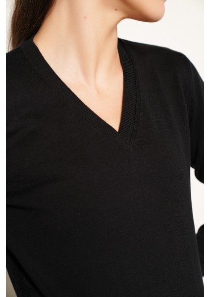 Kadın Siyah %100 Organik Pamuk V Yaka Triko Kazak Bluz TRIST-6102 fırsatları