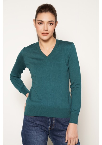 Kadın Petrol %100 Organik Pamuk V Yaka Triko Kazak Bluz TRIST-6102