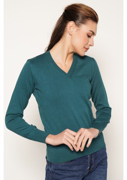 Kadın Petrol %100 Organik Pamuk V Yaka Triko Kazak Bluz TRIST-6102 fiyatları