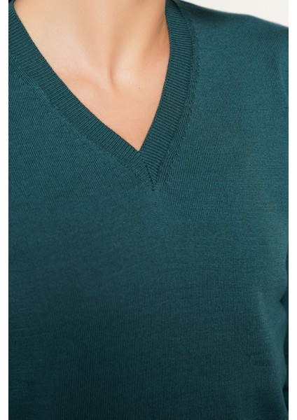 Kadın Petrol %100 Organik Pamuk V Yaka Triko Kazak Bluz TRIST-6102 modelleri