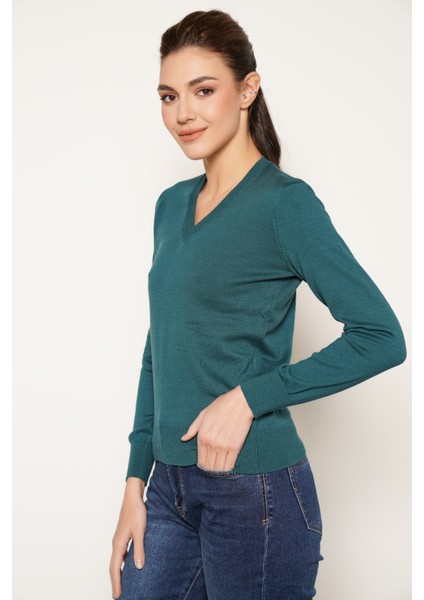 Kadın Petrol %100 Organik Pamuk V Yaka Triko Kazak Bluz TRIST-6102 indirimleri
