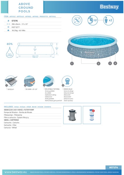 Bestway® 57376 Fast Set™ Şişme Çember Havuz Seti, 3,96 M x 84 cm