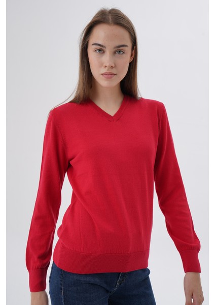Kadın Kırmızı %100 Organik Pamuk V Yaka Triko Kazak Bluz TRIST-6102
