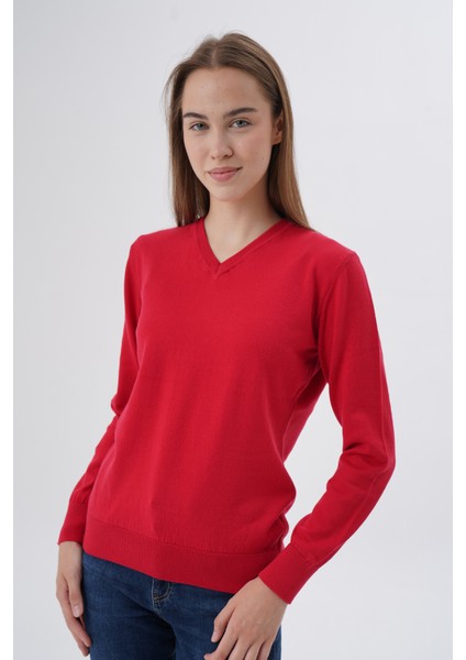 Kadın Kırmızı %100 Organik Pamuk V Yaka Triko Kazak Bluz TRIST-6102