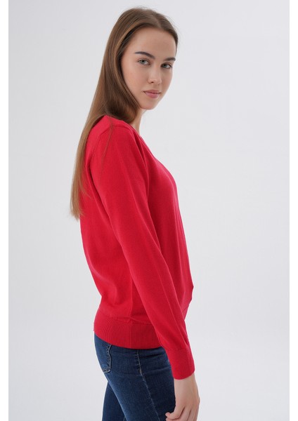 Kadın Kırmızı %100 Organik Pamuk V Yaka Triko Kazak Bluz TRIST-6102