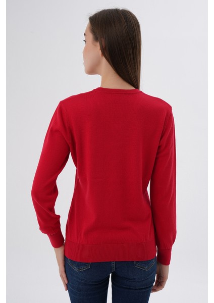 Kadın Kırmızı %100 Organik Pamuk V Yaka Triko Kazak Bluz TRIST-6102