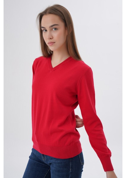 Kadın Kırmızı %100 Organik Pamuk V Yaka Triko Kazak Bluz TRIST-6102
