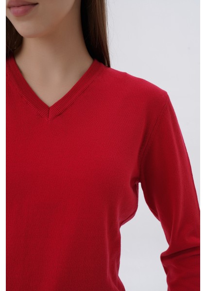 Kadın Kırmızı %100 Organik Pamuk V Yaka Triko Kazak Bluz TRIST-6102