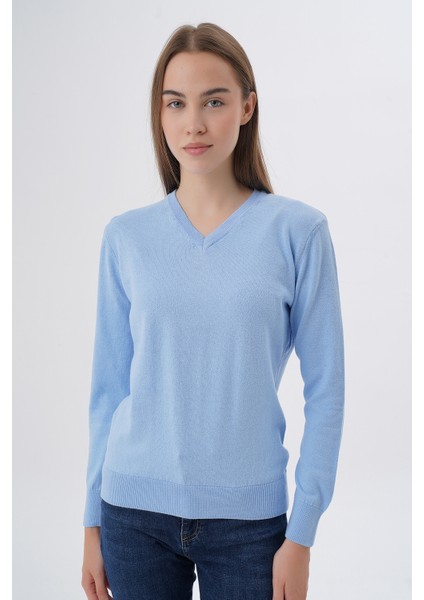 Kadın Mavi %100 Organik Pamuk V Yaka Triko Kazak Bluz TRIST-6102