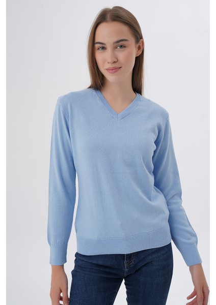 Kadın Mavi %100 Organik Pamuk V Yaka Triko Kazak Bluz TRIST-6102