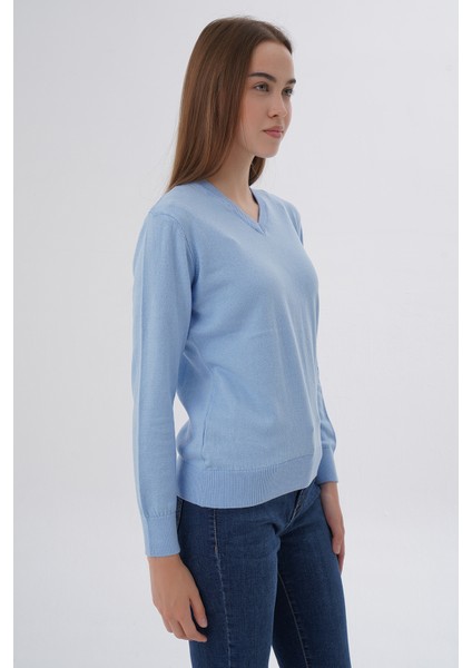 Kadın Mavi %100 Organik Pamuk V Yaka Triko Kazak Bluz TRIST-6102