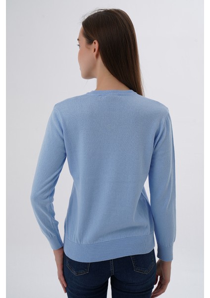 Kadın Mavi %100 Organik Pamuk V Yaka Triko Kazak Bluz TRIST-6102