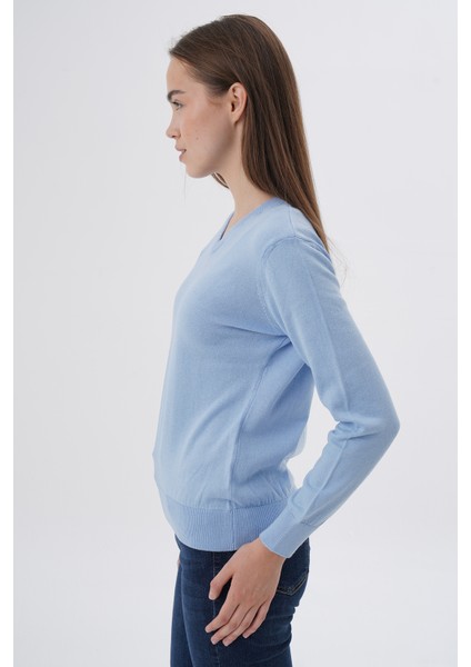 Kadın Mavi %100 Organik Pamuk V Yaka Triko Kazak Bluz TRIST-6102