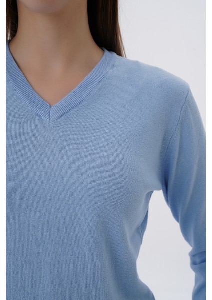 Kadın Mavi %100 Organik Pamuk V Yaka Triko Kazak Bluz TRIST-6102