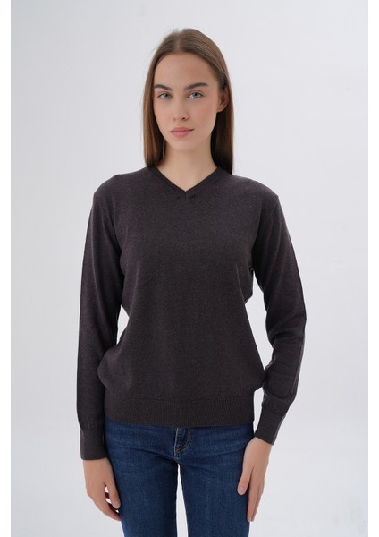 Kadın Kahve %100 Organik Pamuk V Yaka Triko Kazak Bluz TRIST-6102
