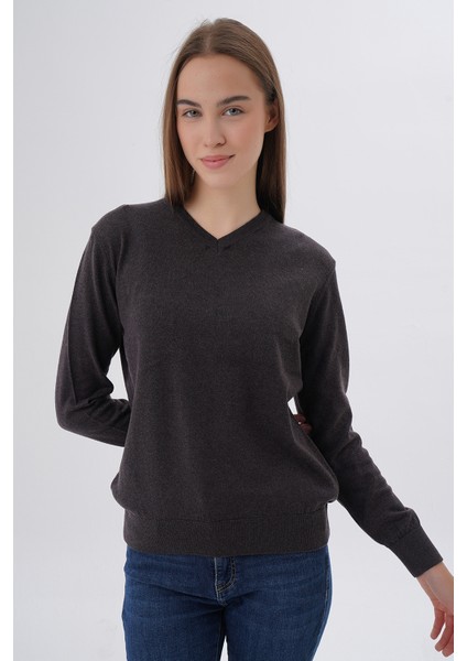 Kadın Kahve %100 Organik Pamuk V Yaka Triko Kazak Bluz TRIST-6102