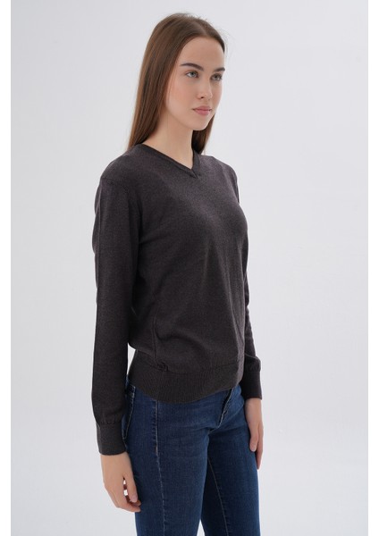 Kadın Kahve %100 Organik Pamuk V Yaka Triko Kazak Bluz TRIST-6102