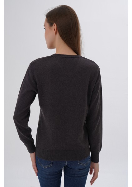 Kadın Kahve %100 Organik Pamuk V Yaka Triko Kazak Bluz TRIST-6102