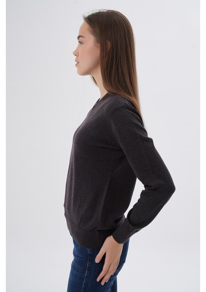 Kadın Kahve %100 Organik Pamuk V Yaka Triko Kazak Bluz TRIST-6102