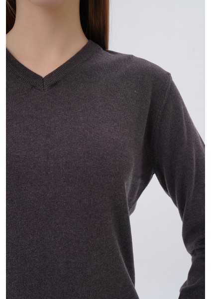 Kadın Kahve %100 Organik Pamuk V Yaka Triko Kazak Bluz TRIST-6102